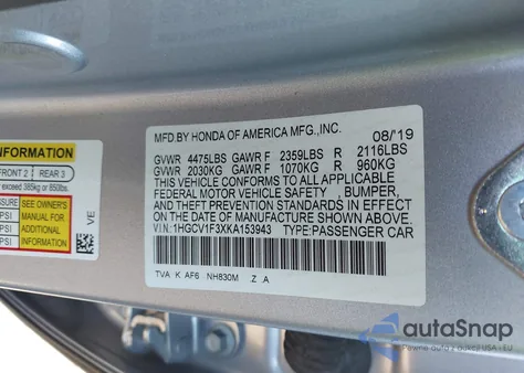 2019 Honda Accord Sport z USA, uszkodzony, nr VIN 1HGCV1F3XKA153943